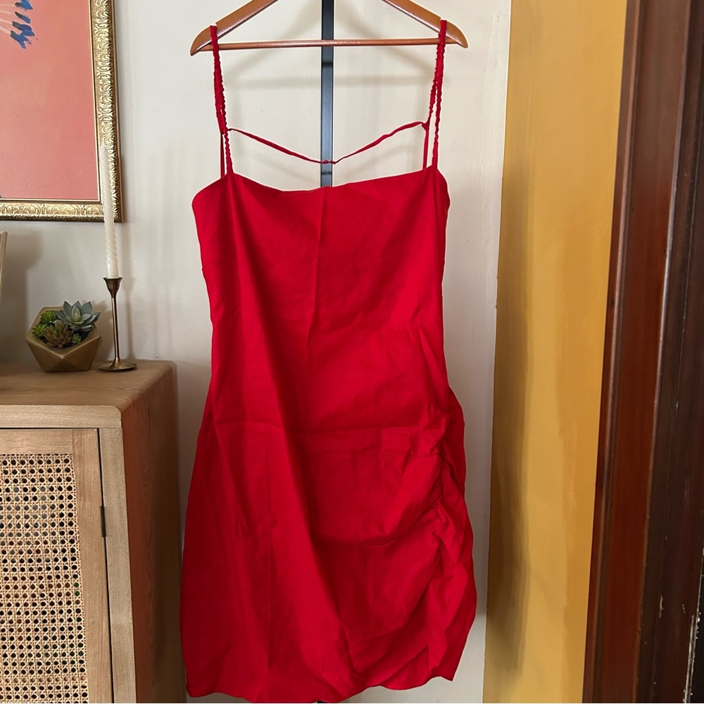 J.Crew Collection Side-Ruched Dress Stretch Linen-Viscose Blend Red Plus Size 24 - Picture 2 of 8